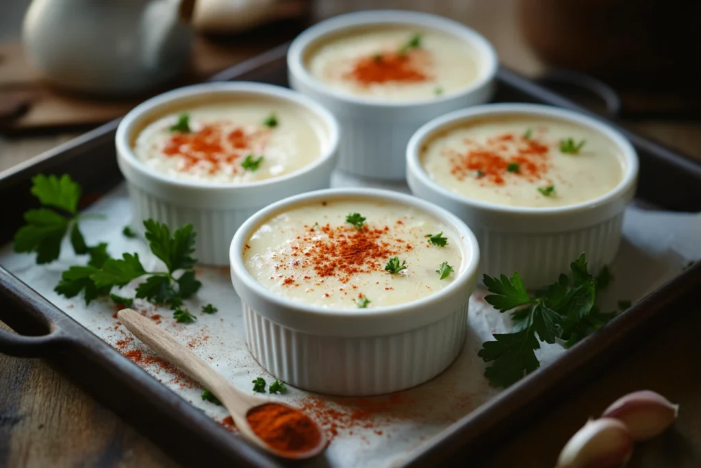 Four white ramekins filled with creamy crab custard, sprinkled with paprika and garnished with parsley, placed on a parchment-lined baking tray.