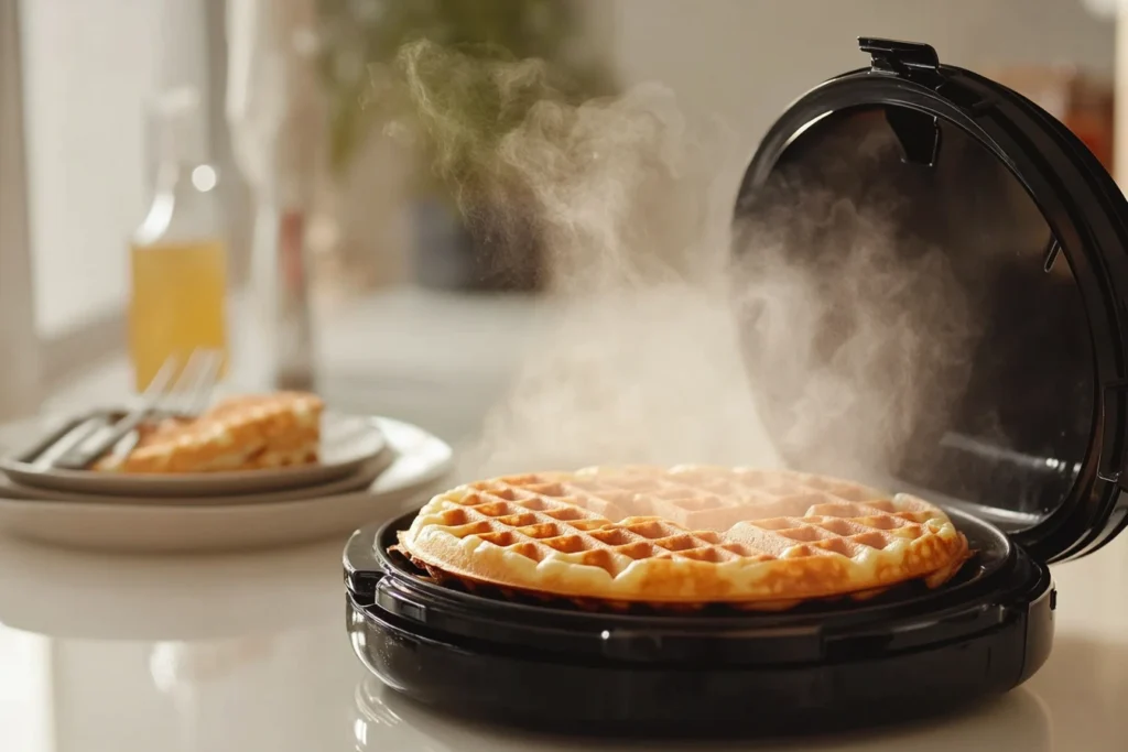 Freshly cooked waffle in a waffle iron with steam rising