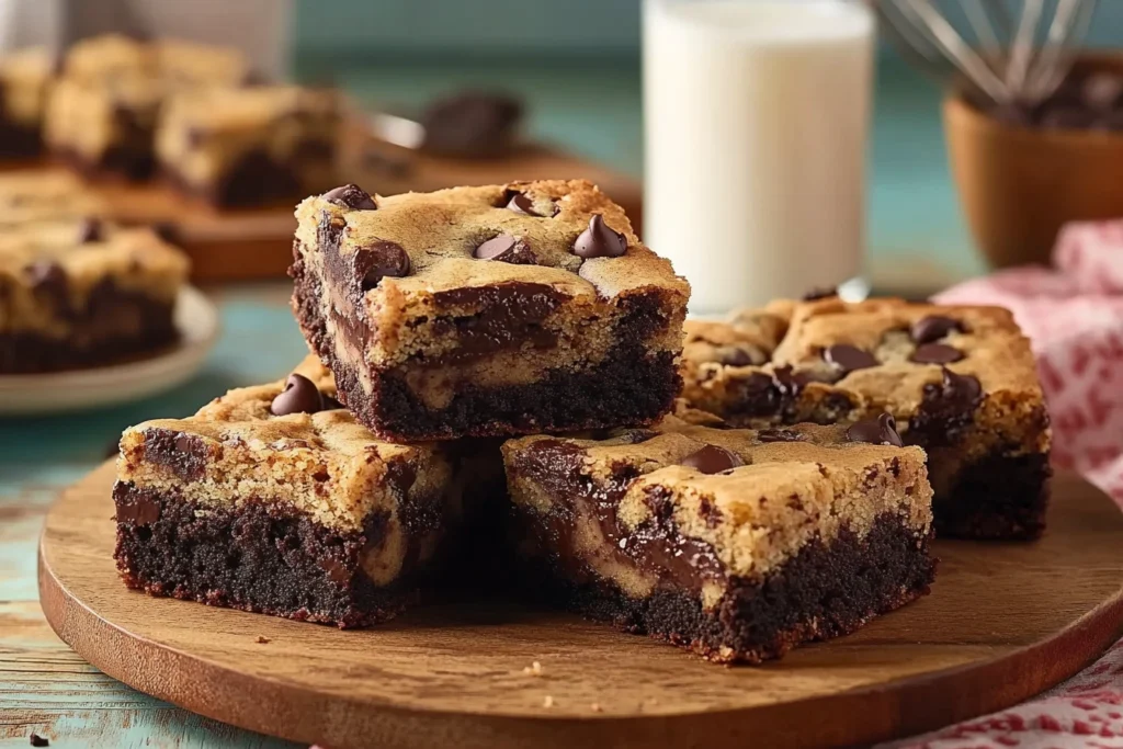 Homemade brookie recipe featuring gooey brownie and chocolate chip cookie layers on a wooden plate, with a glass of milk in the background.