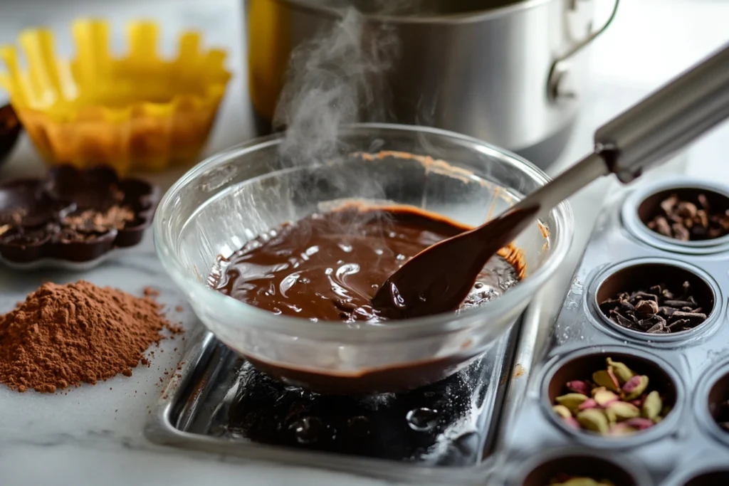 Tempering chocolate for Dubai Chocolate Bar Recipe in a glass bowl, surrounded by cocoa powder, pistachios, and spices, with steam rising from the melted chocolate.