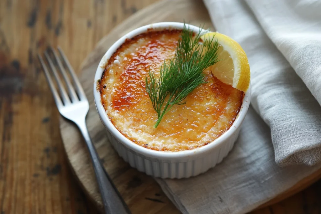 A creamy Crab Brulee served in a white ramekin with a caramelized sugar topping, garnished with fresh dill and a lemon wedge on a rustic wooden table.