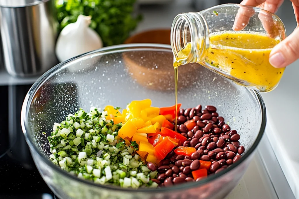 Pouring dressing over fresh ingredients for dense bean salad in a glass bowl.