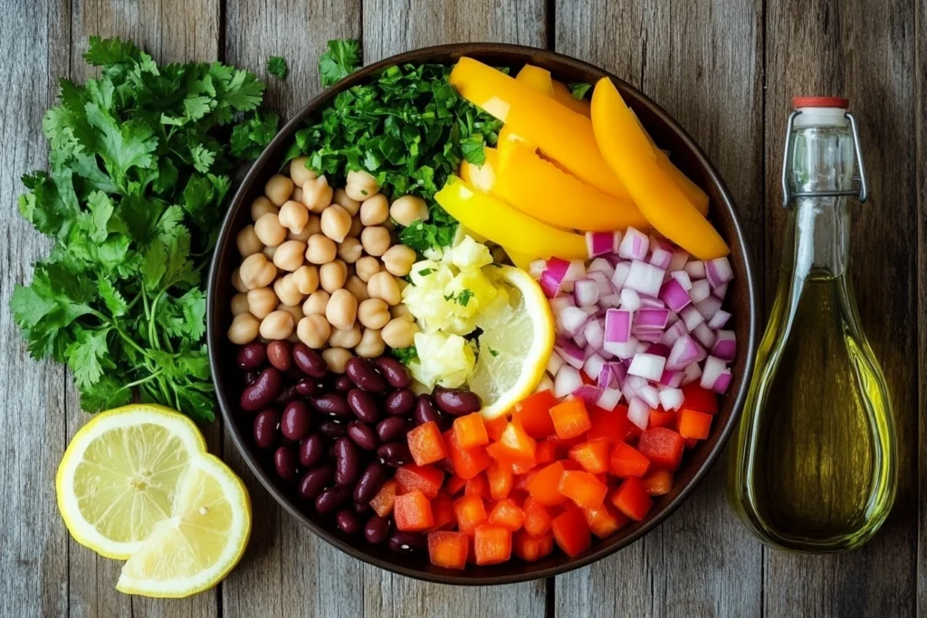 Ingredients for dense bean salad, including beans, chopped vegetables, fresh herbs, lemon, and olive oil.