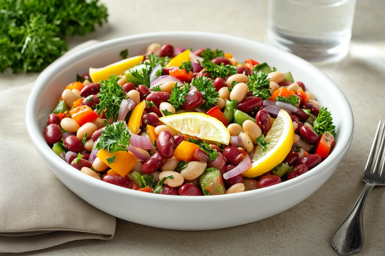 Dense bean salad recipe with colorful beans, fresh vegetables, and lemon garnish.