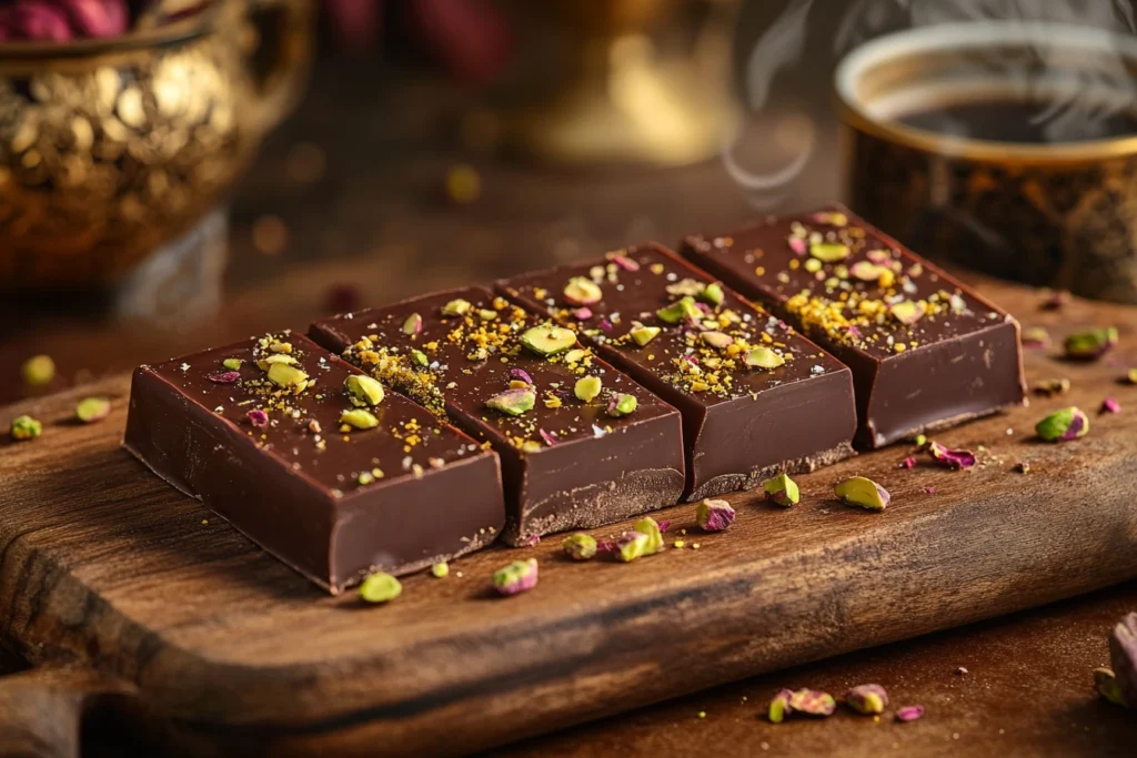 Luxury Dubai Chocolate Bar Recipe featuring rich chocolate bars topped with crushed pistachios and saffron, served on a wooden board with Arabic coffee in the background.