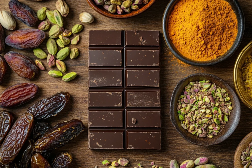 Ingredients for Dubai Chocolate Bar Recipe, including dark chocolate, pistachios, dates, turmeric, and saffron, arranged on a wooden table.