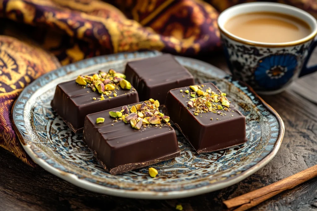 Dubai Chocolate Bars elegantly served on a decorative plate, topped with crushed pistachios, accompanied by a cup of Arabic coffee and a cinnamon stick.