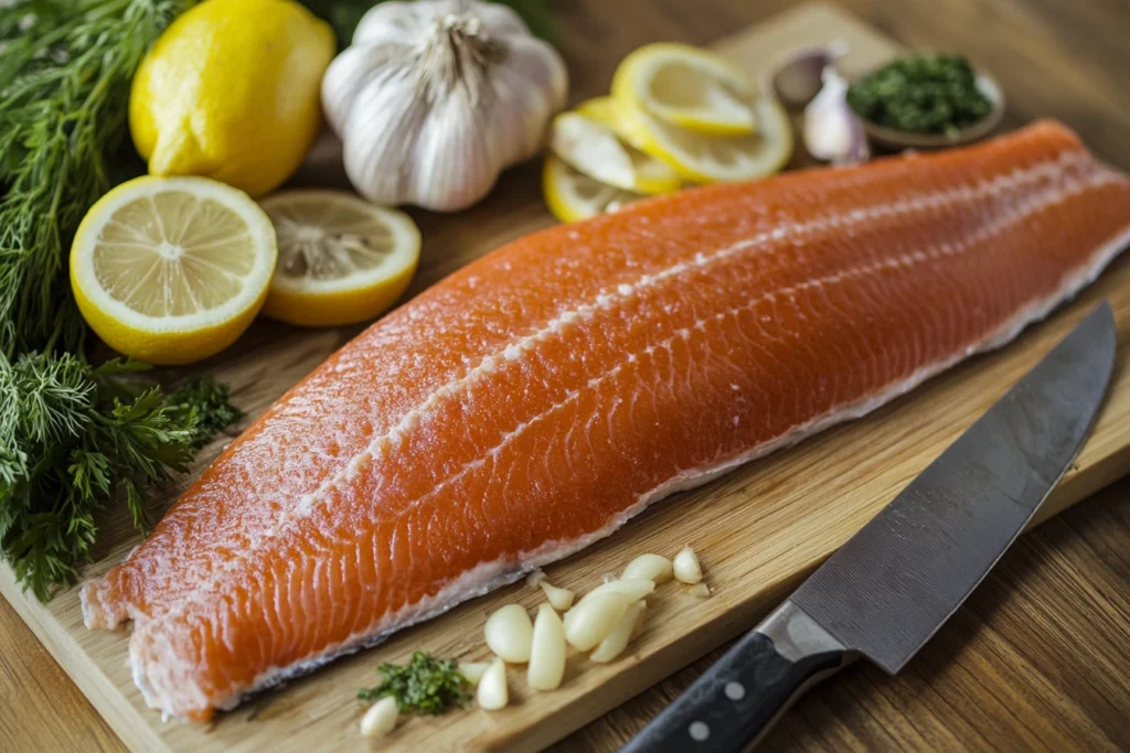 Fresh steelhead trout fillet with lemons, garlic, and herbs on a wooden cutting board