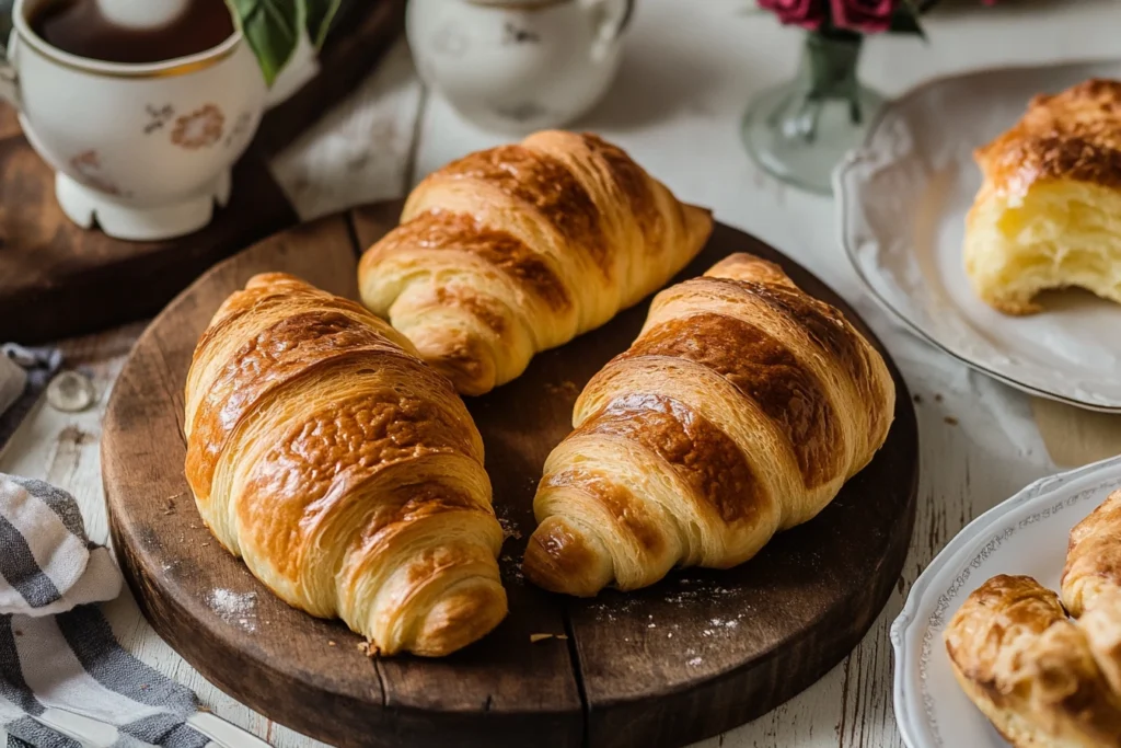 Freshly baked golden-brown Gipfeli on a rustic wooden board.