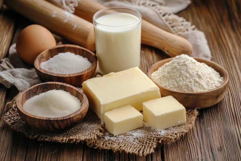 Essential ingredients for Gipfeli Recipe, including butter, flour, sugar, milk, and an egg, arranged on a rustic wooden table.