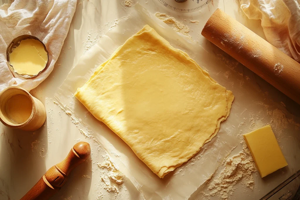 Laminating dough for Gipfeli Recipe, with layers of buttery pastry being prepared on a floured surface, surrounded by a rolling pin and butter.