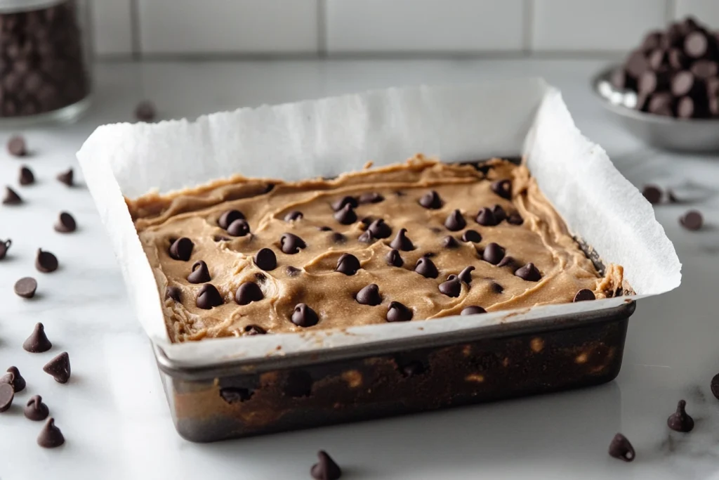 Layered brookie recipe showing a baking pan lined with parchment paper, with brownie batter topped by cookie dough and chocolate chips.