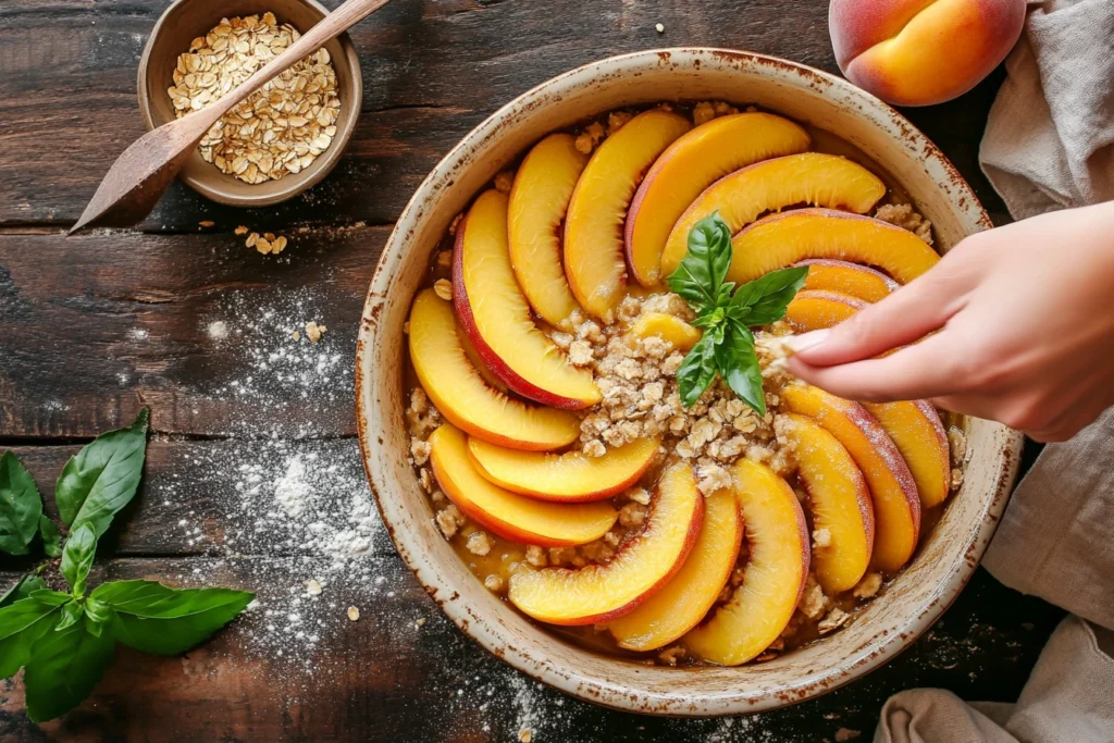 Peach slices arranged in a baking dish with crumble topping being sprinkled.