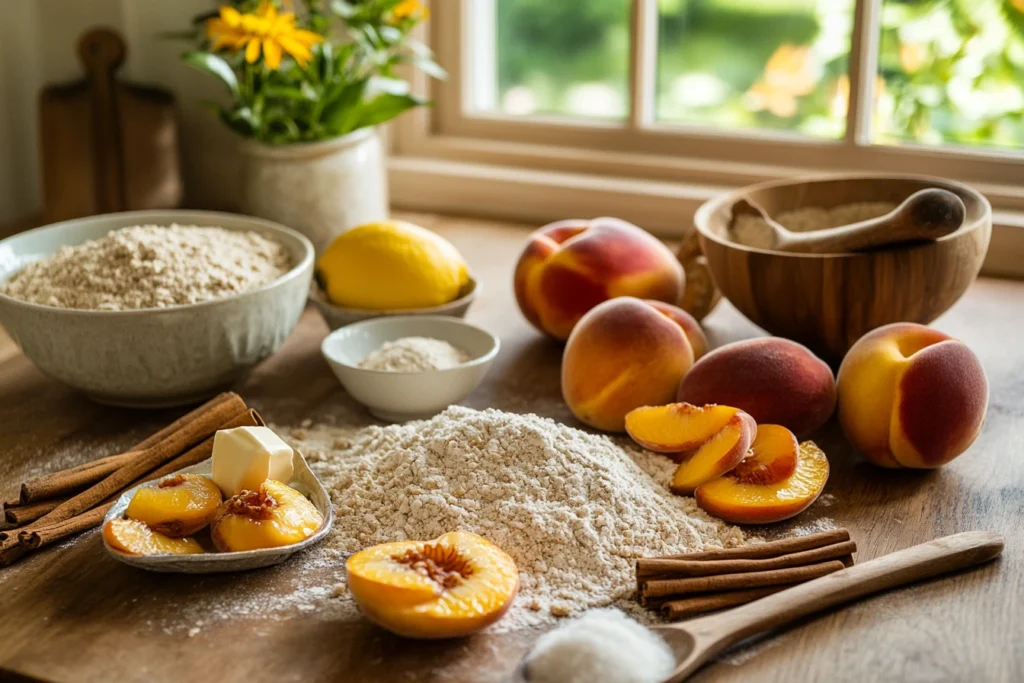 Ingredients for peach crumble recipe on a rustic countertop.