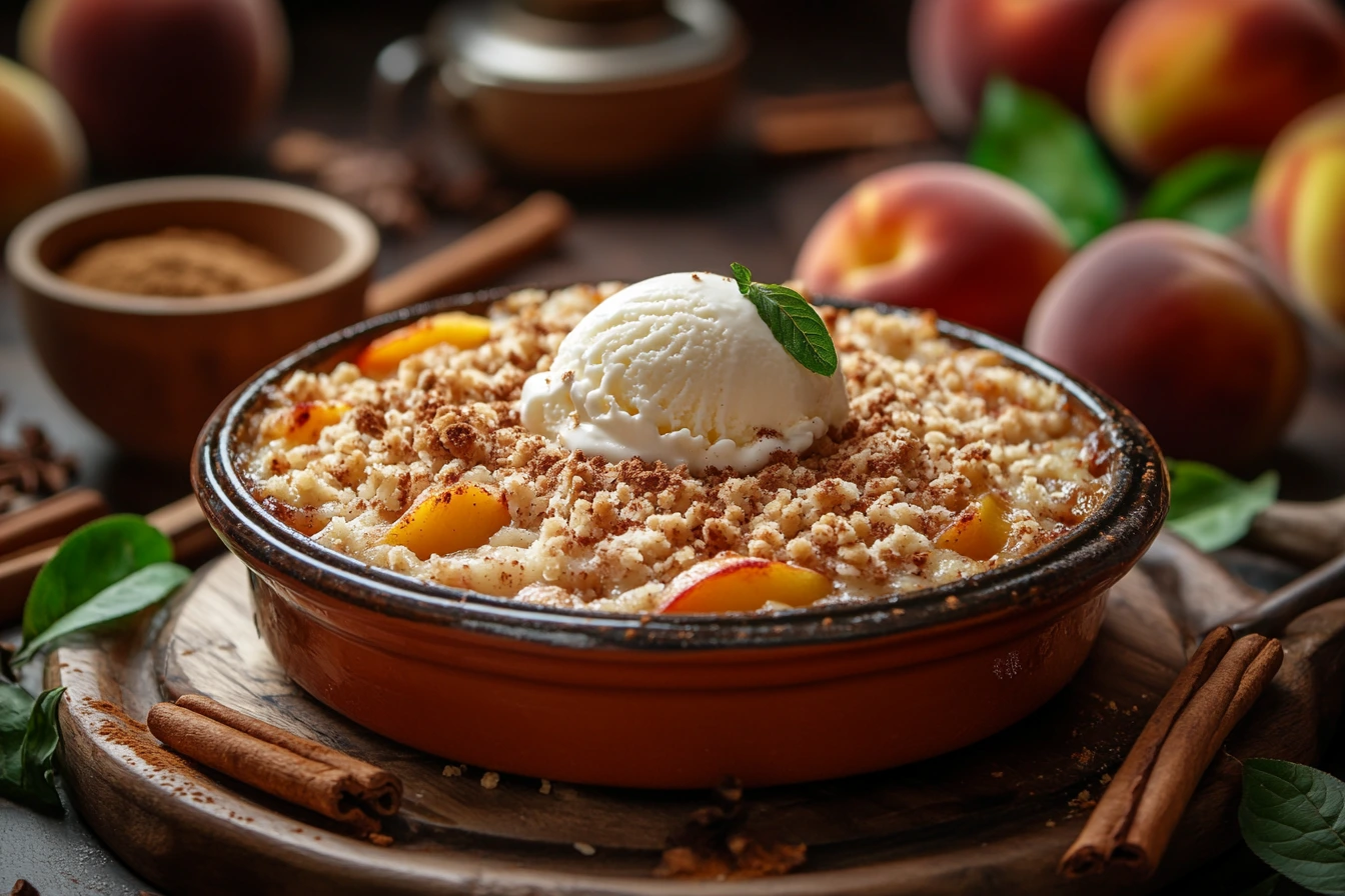 Peach crumble recipe with ice cream and fresh peaches.