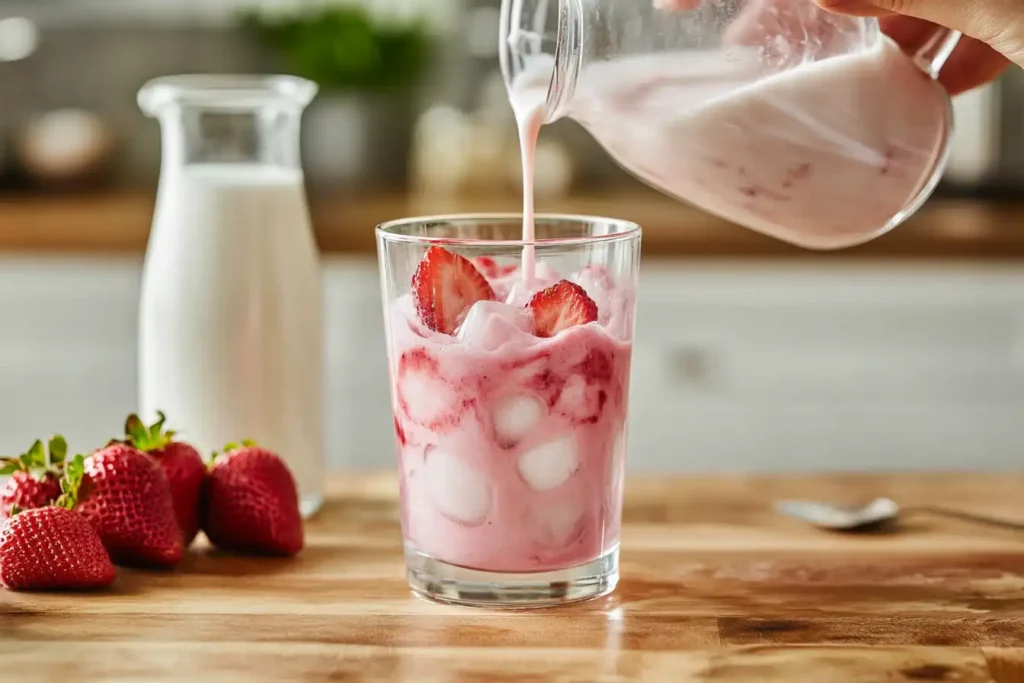 A step-by-step view of pouring pink coconut milk into a glass filled with ice, fresh strawberries, and strawberry puree, with a jug of milk and strawberries on a wooden countertop.