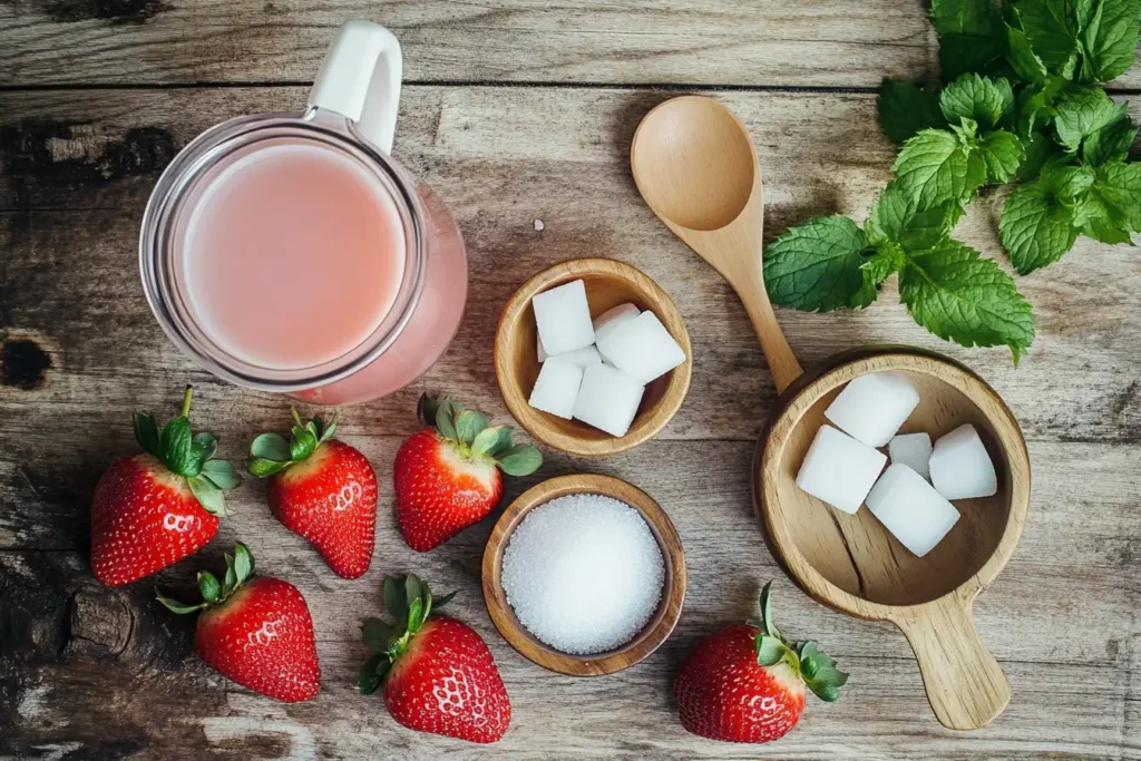 A flat-lay view of ingredients for a homemade pink drink, featuring fresh strawberries, a jug of coconut milk, acai tea bags, ice cubes, a small bowl of sugar, and a wooden spoon.