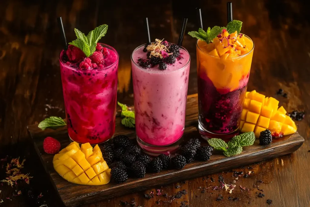 Three pink drinks with berries, mango, and hibiscus on a wooden tray.