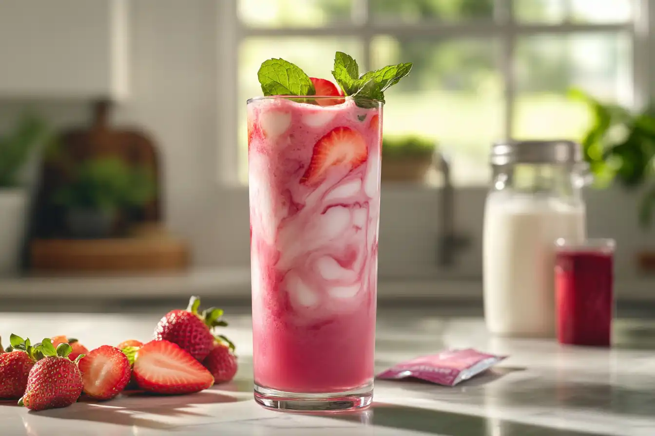 A tall glass of vibrant pink drink with swirled milk, garnished with fresh mint and strawberries – perfect for a pink drink recipe.