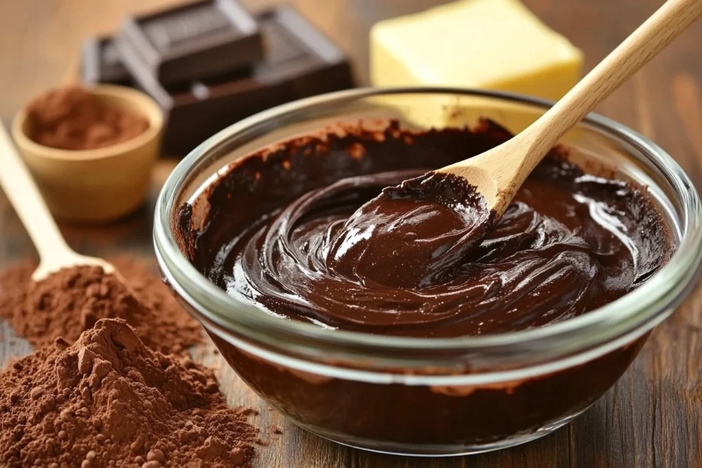 Glass bowl filled with rich chocolate brownie batter, mixed with a wooden spoon, surrounded by cocoa powder, butter, and chocolate pieces on a wooden table.