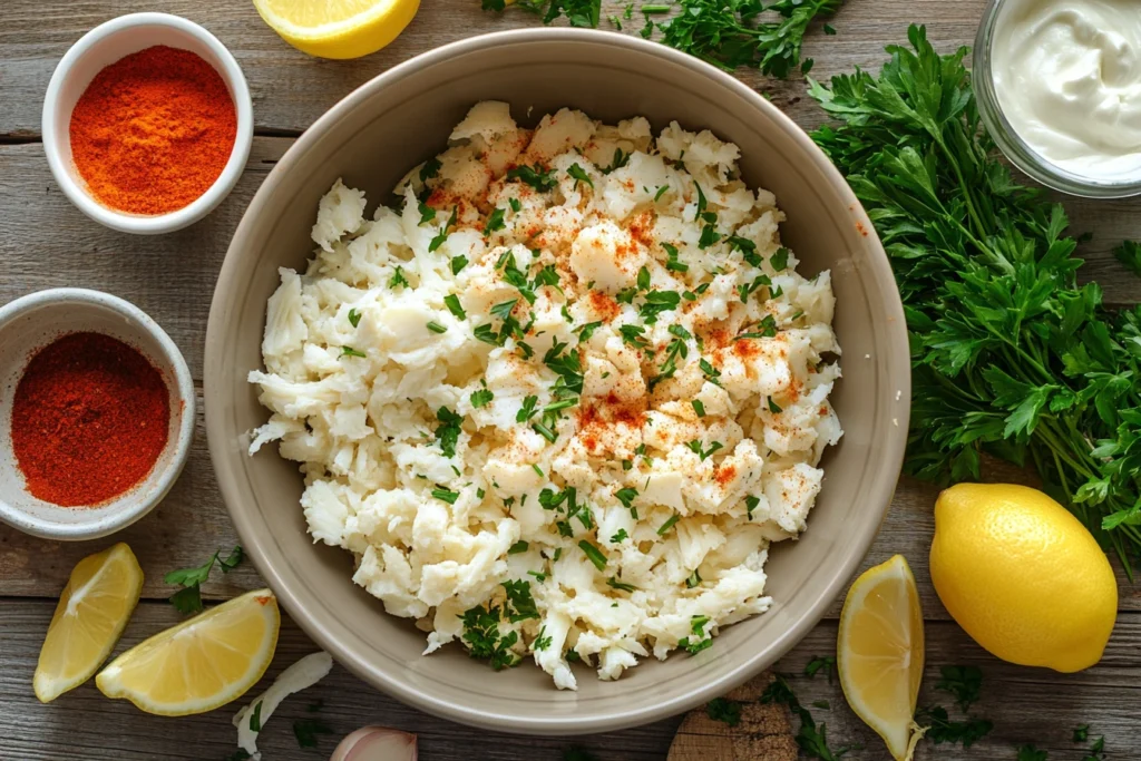 A bowl of fresh lump crab meat seasoned with parsley and paprika, surrounded by ingredients like lemon wedges, paprika, parsley, and a bowl of cream on a rustic wooden table.