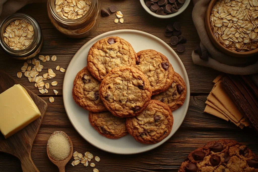 Quaker Oatmeal Cookie Recipe with chocolate chips on a plate.