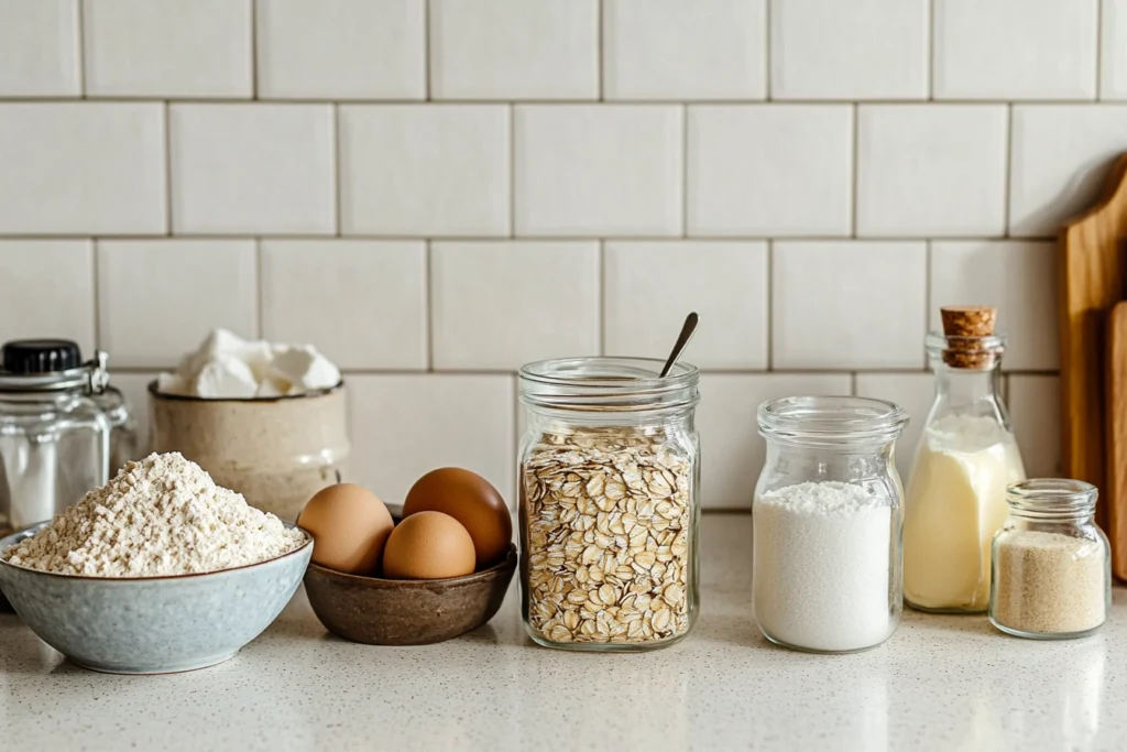 Ingredients for Quaker Oatmeal Cookie Recipe arranged on a kitchen countertop