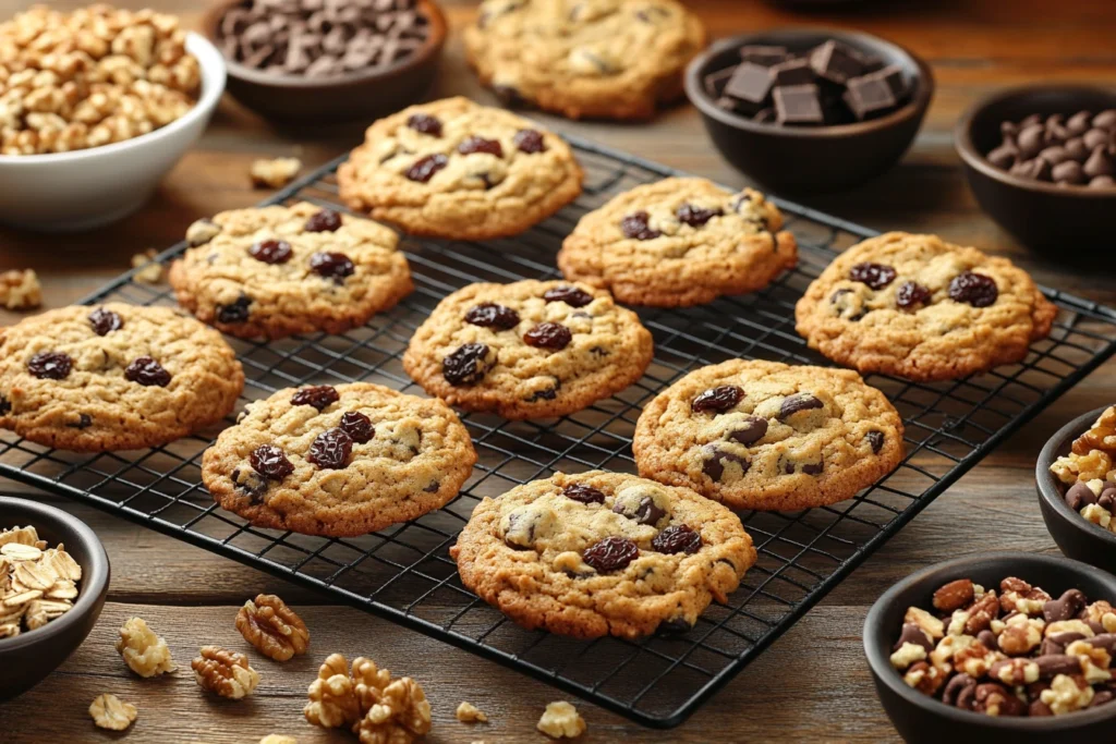 Quaker oatmeal cookies with raisins, chocolate chips, and nuts on a cooling rack