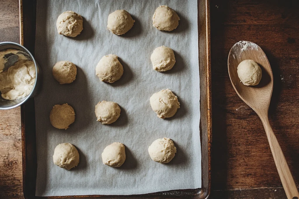 Cookie dough balls on a parchment-lined baking sheet ready for baking