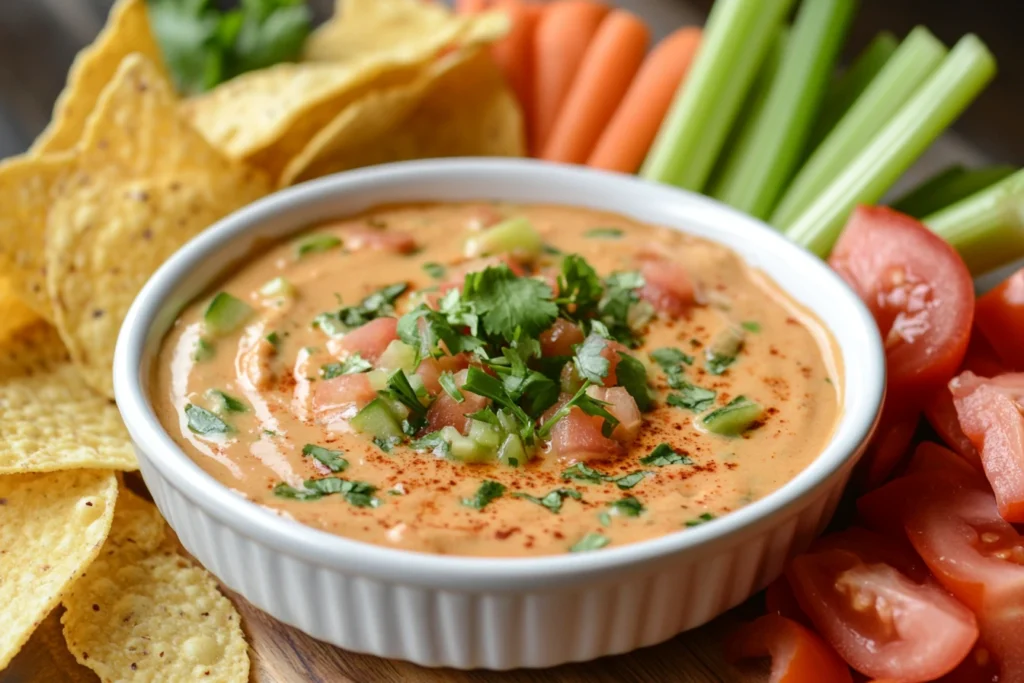 A creamy Rotel Dip topped with fresh cilantro, diced tomatoes, and jalapeños, served with tortilla chips, celery sticks, and carrot sticks.