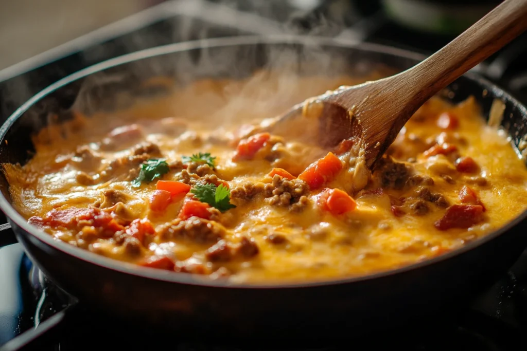 A steaming skillet of Rotel Dip Recipe with melted cheese, ground beef, diced tomatoes, and fresh cilantro, stirred with a wooden spoon.