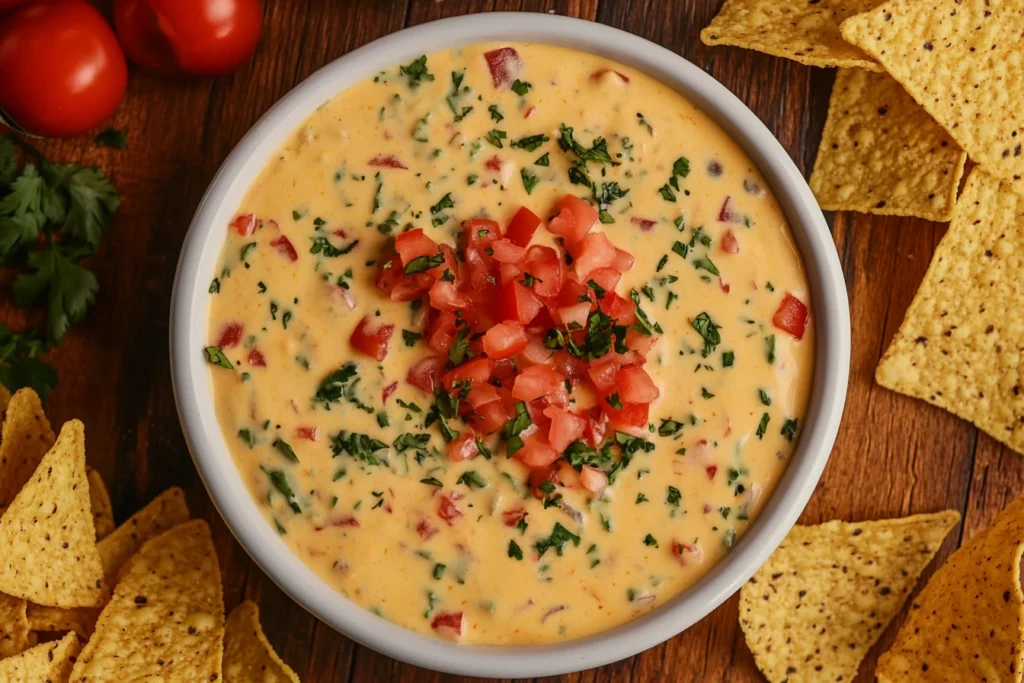 A bowl of creamy Rotel Dip Recipe topped with fresh diced tomatoes and cilantro, surrounded by tortilla chips on a wooden table.