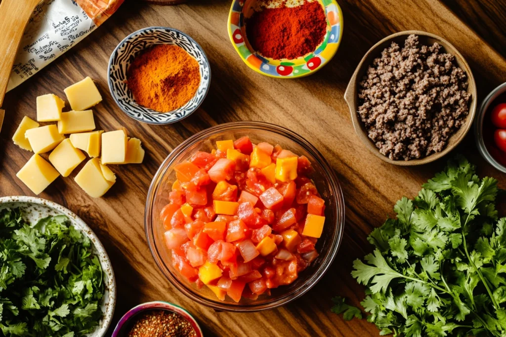 Ingredients for Rotel Dip Recipe, including diced tomatoes, ground beef, cheese cubes, cilantro, and spices arranged on a wooden table.