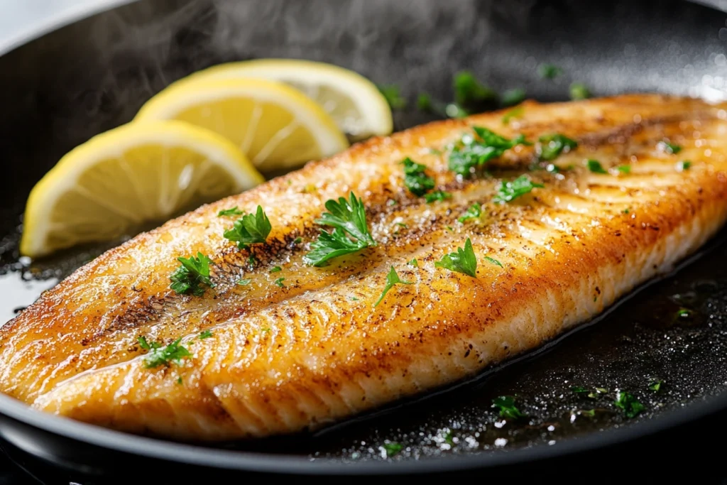 Pan-seared steelhead trout fillet with fresh parsley and lemon slices in a skillet