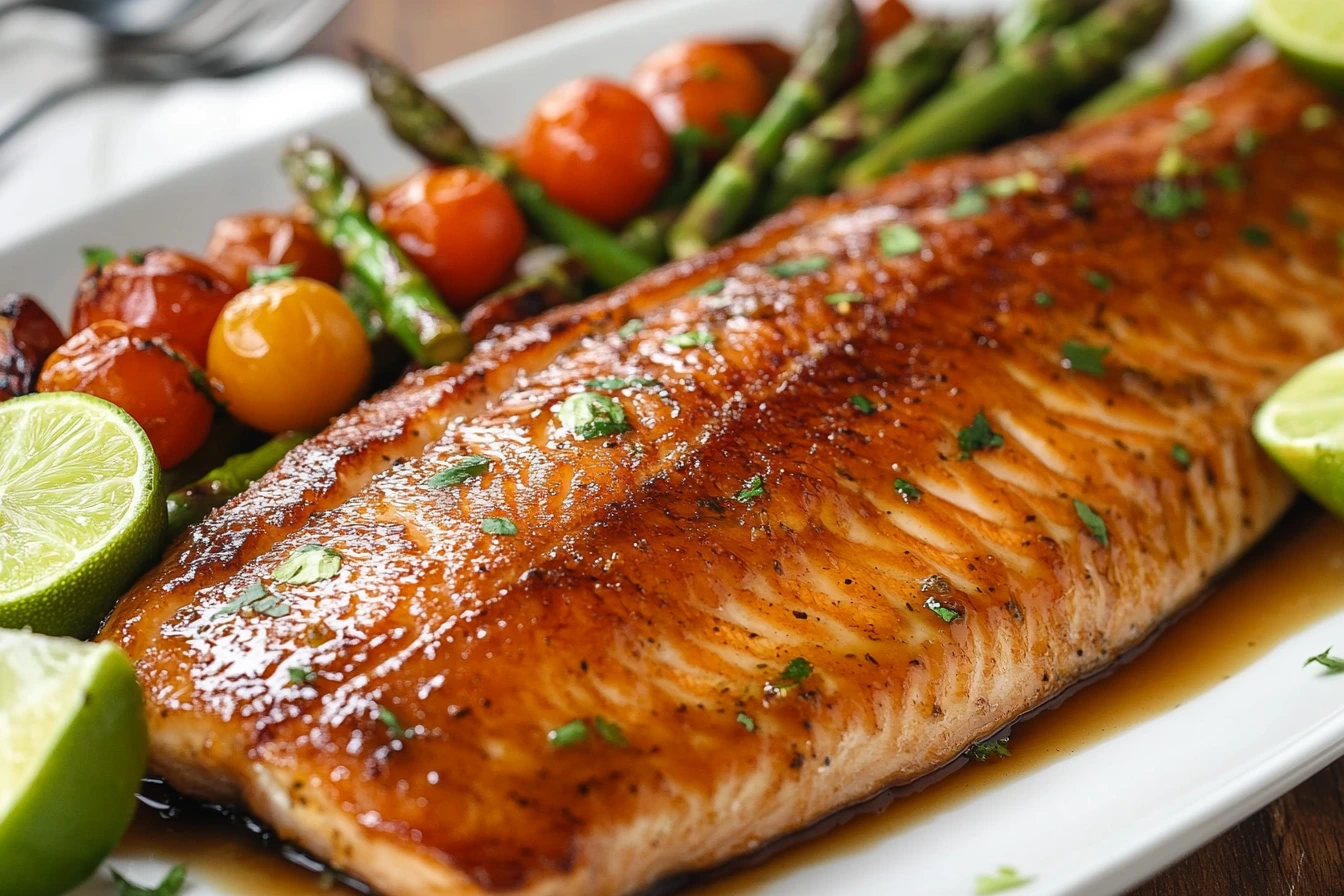 Steelhead trout recipe with roasted vegetables and lime slices