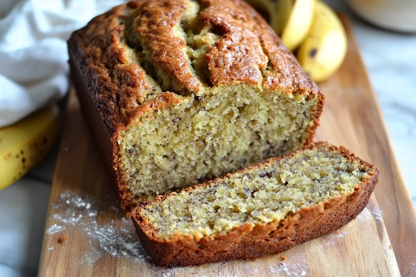 Freshly baked 4 Ingredient Banana Bread on a cutting board