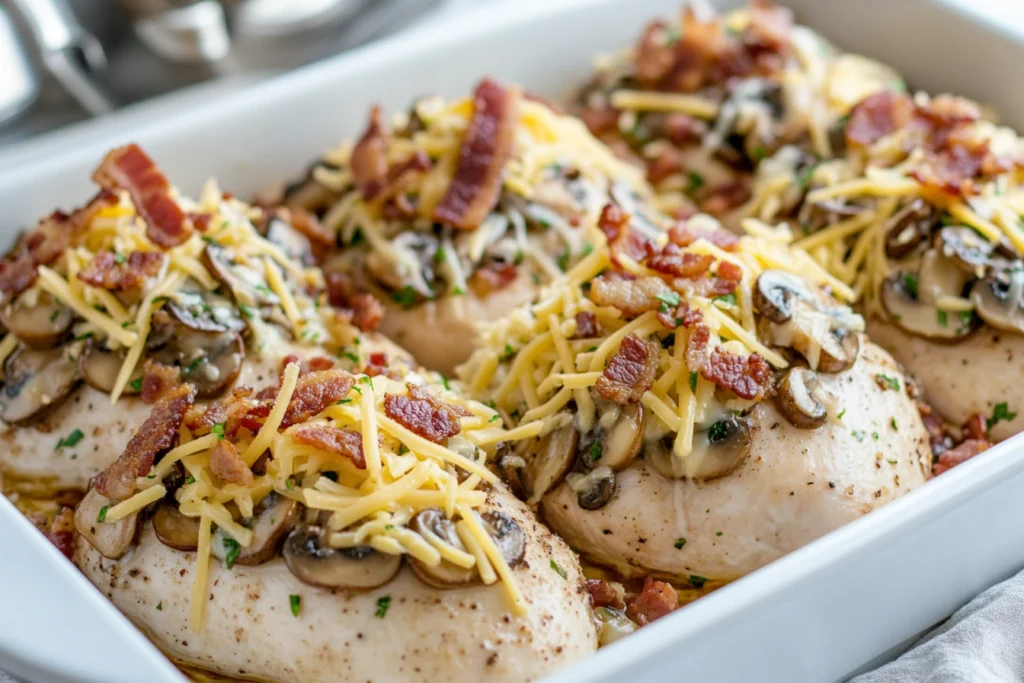 Marinated chicken breasts in a baking dish topped with mushrooms, shredded cheese, and bacon, ready to be baked.