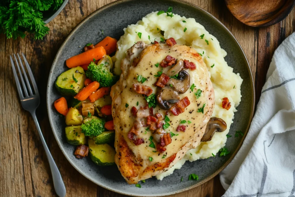 Alice Springs Chicken recipe served with mashed potatoes and vegetables