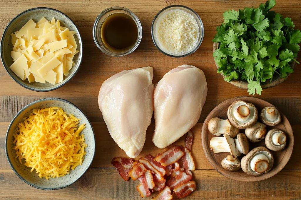 Ingredients for Alice Springs Chicken recipe, including chicken breasts, cheese, mushrooms, parsley, bacon, and honey mustard sauce on a wooden table.