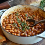 Freshly baked beans recipe in a pot garnished with thyme.