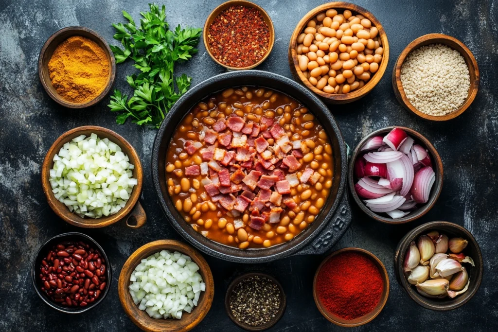 Ingredients for baked beans recipe arranged around a pot.