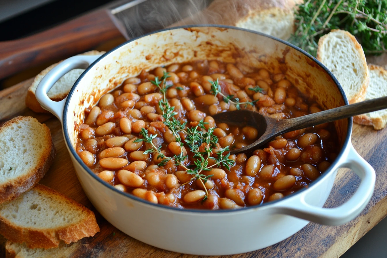 Freshly baked beans recipe in a pot garnished with thyme.