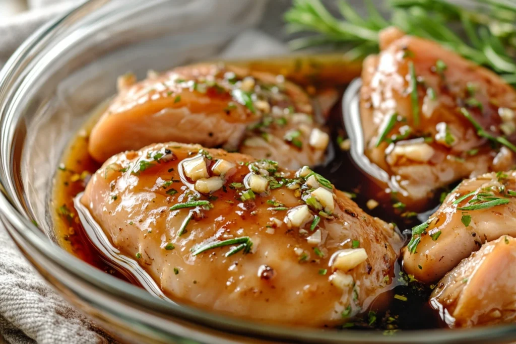 Chicken marinating in balsamic glaze with garlic and herbs.