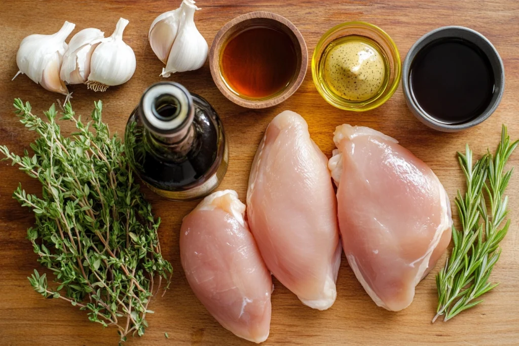 Fresh ingredients for balsamic chicken on a wooden countertop.