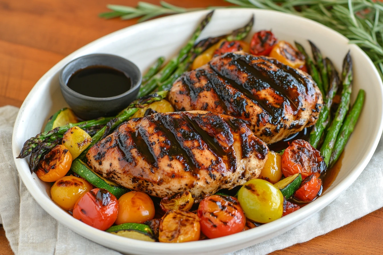 Balsamic chicken recipe with roasted vegetables.