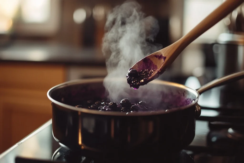 Blueberry compote simmering in a saucepan with steam rising and a wooden spoon stirring the mixture.