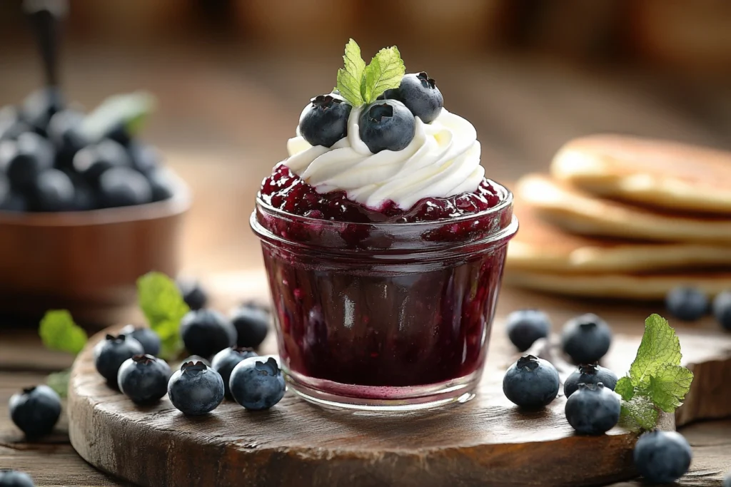 Blueberry compote recipe served in a glass jar with whipped cream and fresh blueberries.