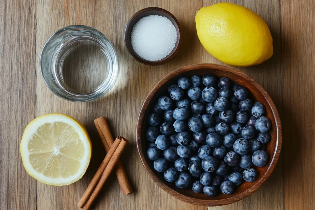 Ingredients for blueberry compote recipe including blueberries, lemon, cinnamon sticks, sugar, and water on a wooden surface.