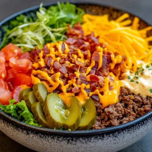 Burger Bowl Recipe with fresh greens, juicy beef patty, shredded cheese, pickles, tomatoes, and bacon in a bowl.