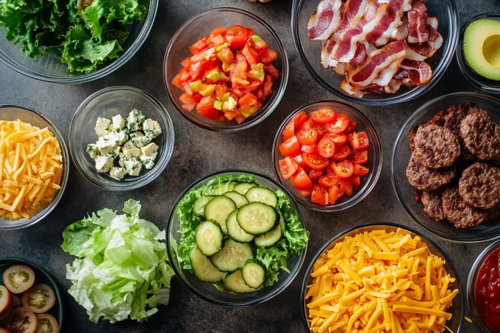 Burger Bowl Recipe components: lettuce, cheese, tomatoes, pickles, and patty ingredients.